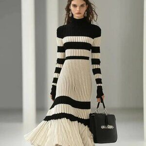 French High Neck Striped Dress Black & White